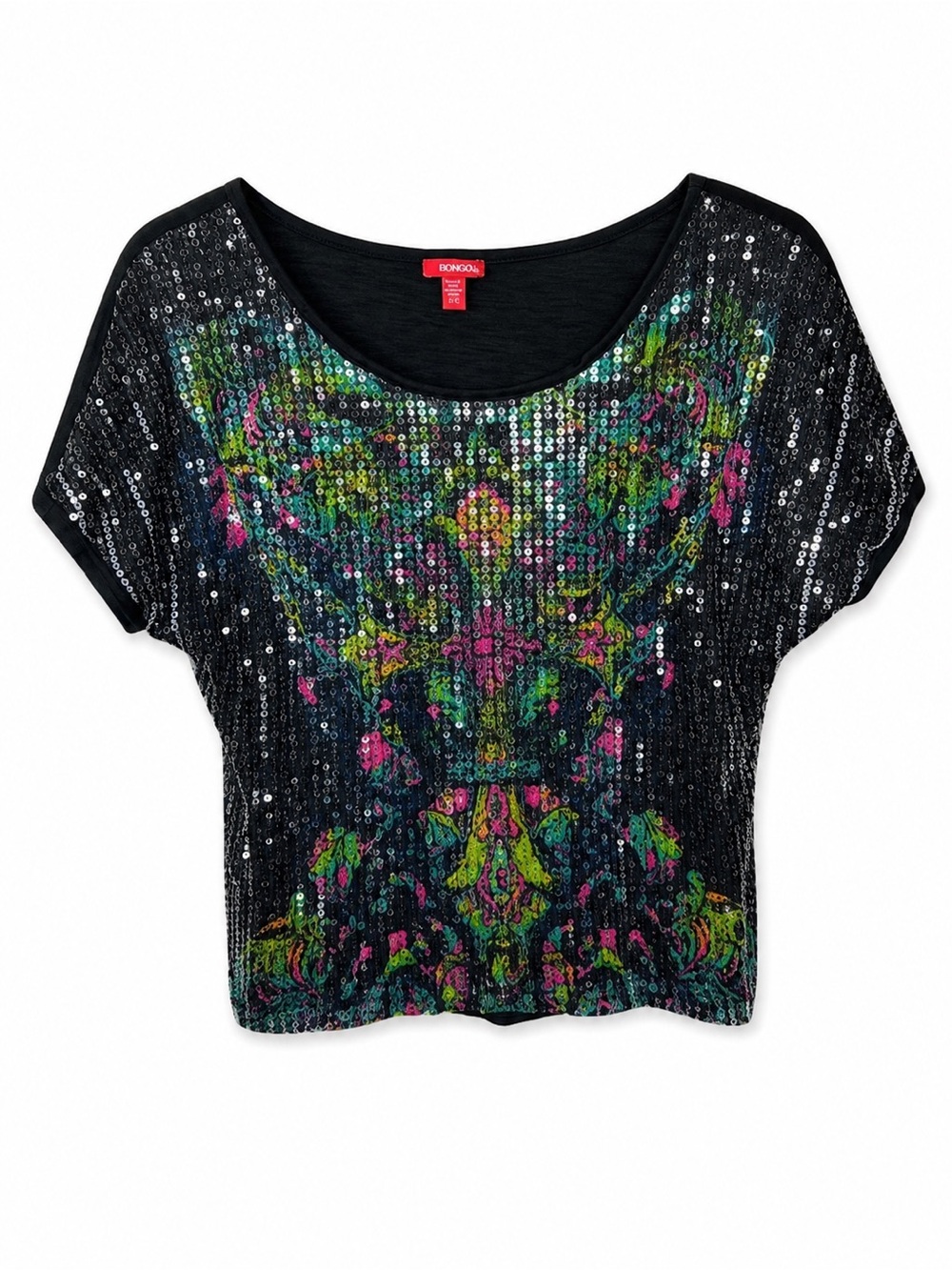 Bongo Black Sequin Floral Print Top Short Sleeve Party Blouse Small